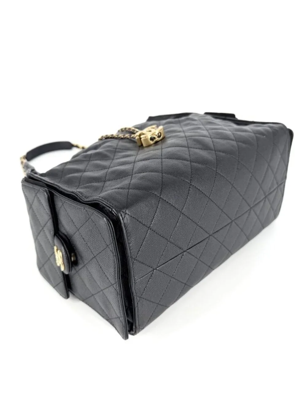 Chanel Shoulder Bag 25 Medium Chain CC Logo Grained Calfskin Black Gold